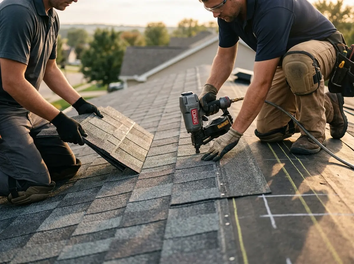 Professional roofer working on a residential roof in Dearborn Heights